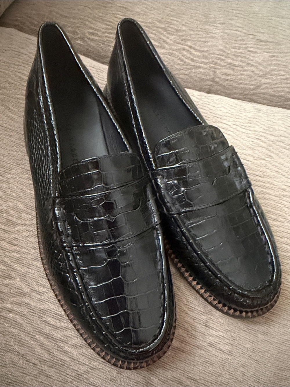 Freda Salvador Black Croc-Embossed Leather Penny Loafers - women